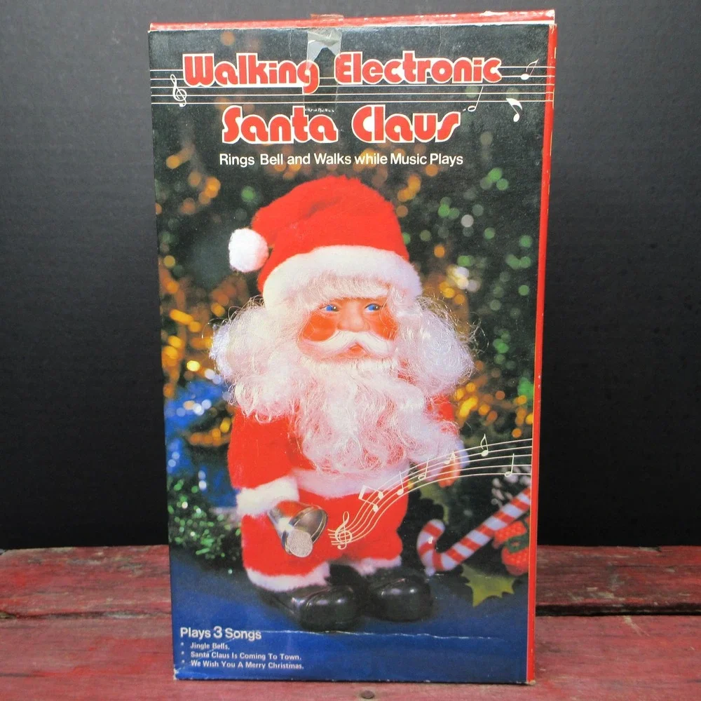 Vintage Walking Electronic Santa Claus Figurine Rings Bell Plays 3 Songs w/ Box